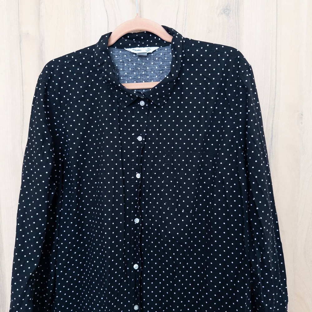 Old Navy Womens Polka Dot Button Down Shirt XXL Black Long Sleeve Retro Preppy - Picture 2 of 8